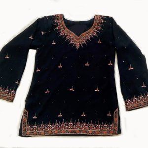 Elegant ladies Top, black with fine intricate embroidery craftsmanship.